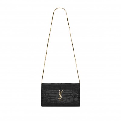 YSL CASSANDRE CHAIN WALLET IN CROCODILE-EMBOSSED SHINY LEATHER 747464DND1J1000 (22.5*14*4cm)